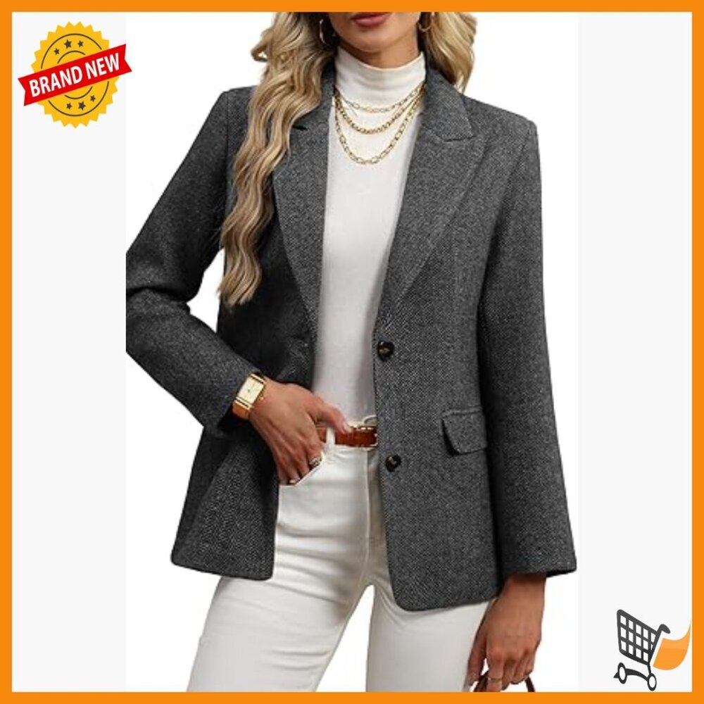 Wool Blend Tweed Blazer Oversized Fit Business Casual Herringbone Pattern